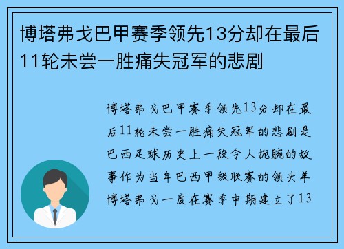 博塔弗戈巴甲赛季领先13分却在最后11轮未尝一胜痛失冠军的悲剧 博塔弗戈巴甲赛季领先13分却在最后11轮未尝一胜痛失冠军的悲剧