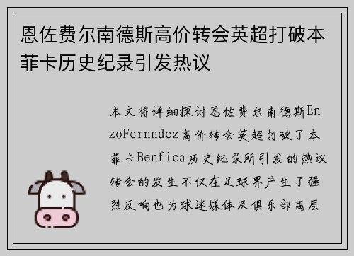 恩佐费尔南德斯高价转会英超打破本菲卡历史纪录引发热议 恩佐费尔南德斯高价转会英超打破本菲卡历史纪录引发热议